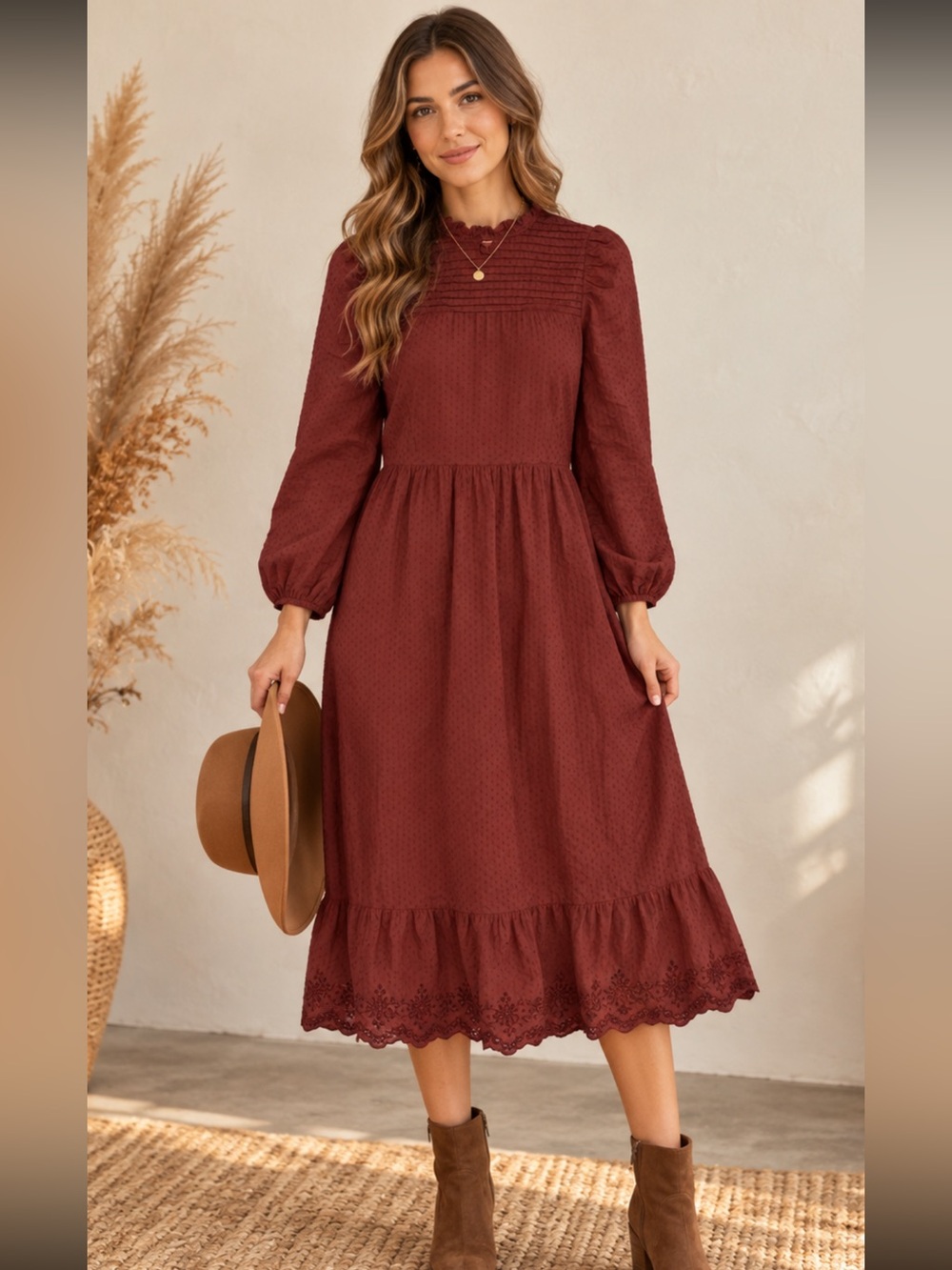 Universal Thread Rust Pink Boho Midi Dress Small Puff Sleeve Cottagecore